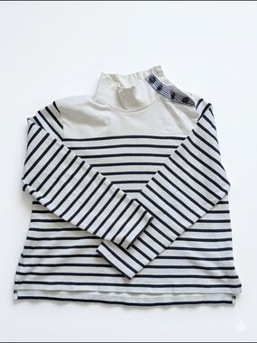 J.Crew Size L Stripe Button-Shoulder Mock Neck Shirt Navy Cream EUC